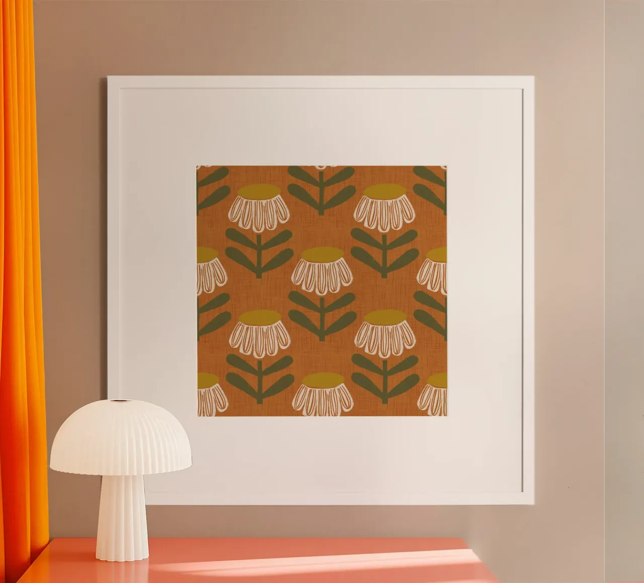 Arancio bruciato floreale retrò - Mid Mod Bloom poster con telaio in alluminio da susanacosta