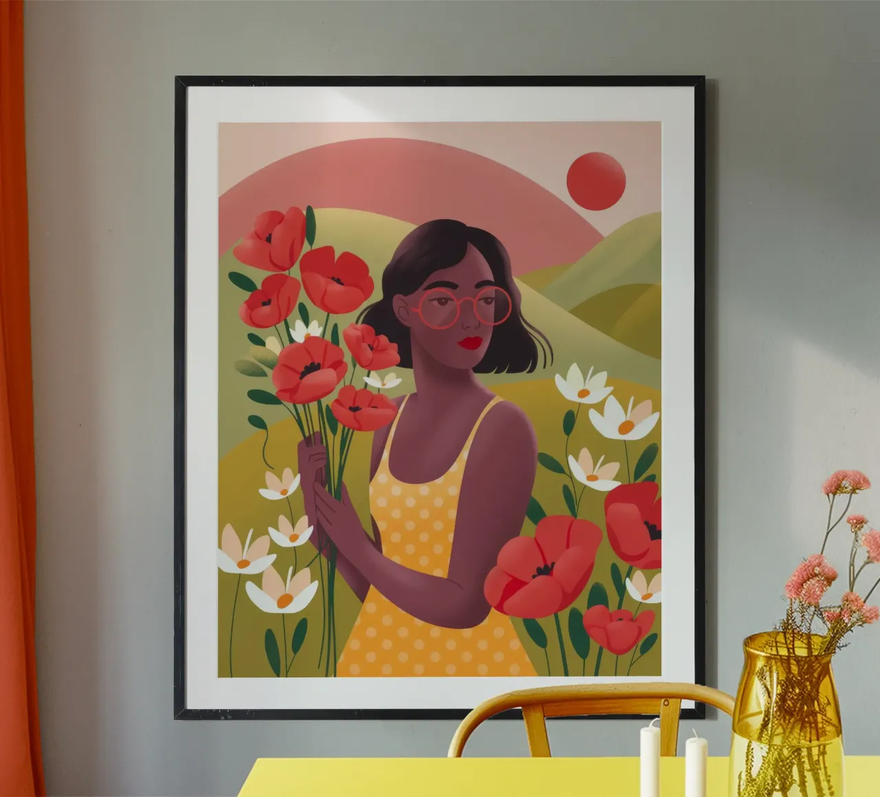 Sereno campo di papaveri poster con telaio in legno da Atelier Tiga