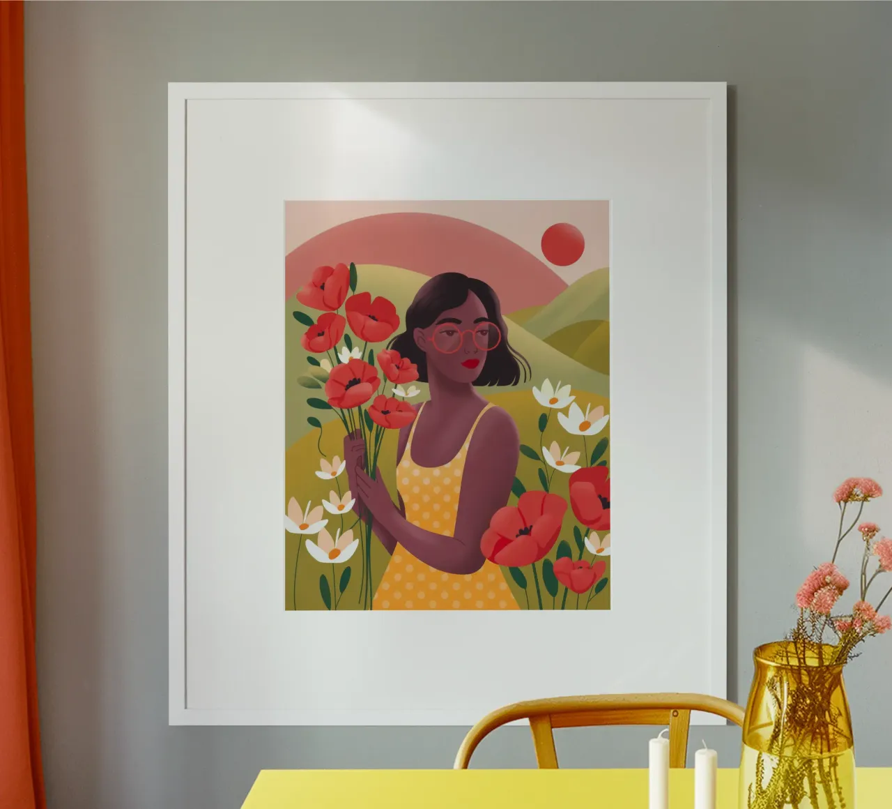Sereno campo di papaveri poster con telaio in legno da Atelier Tiga