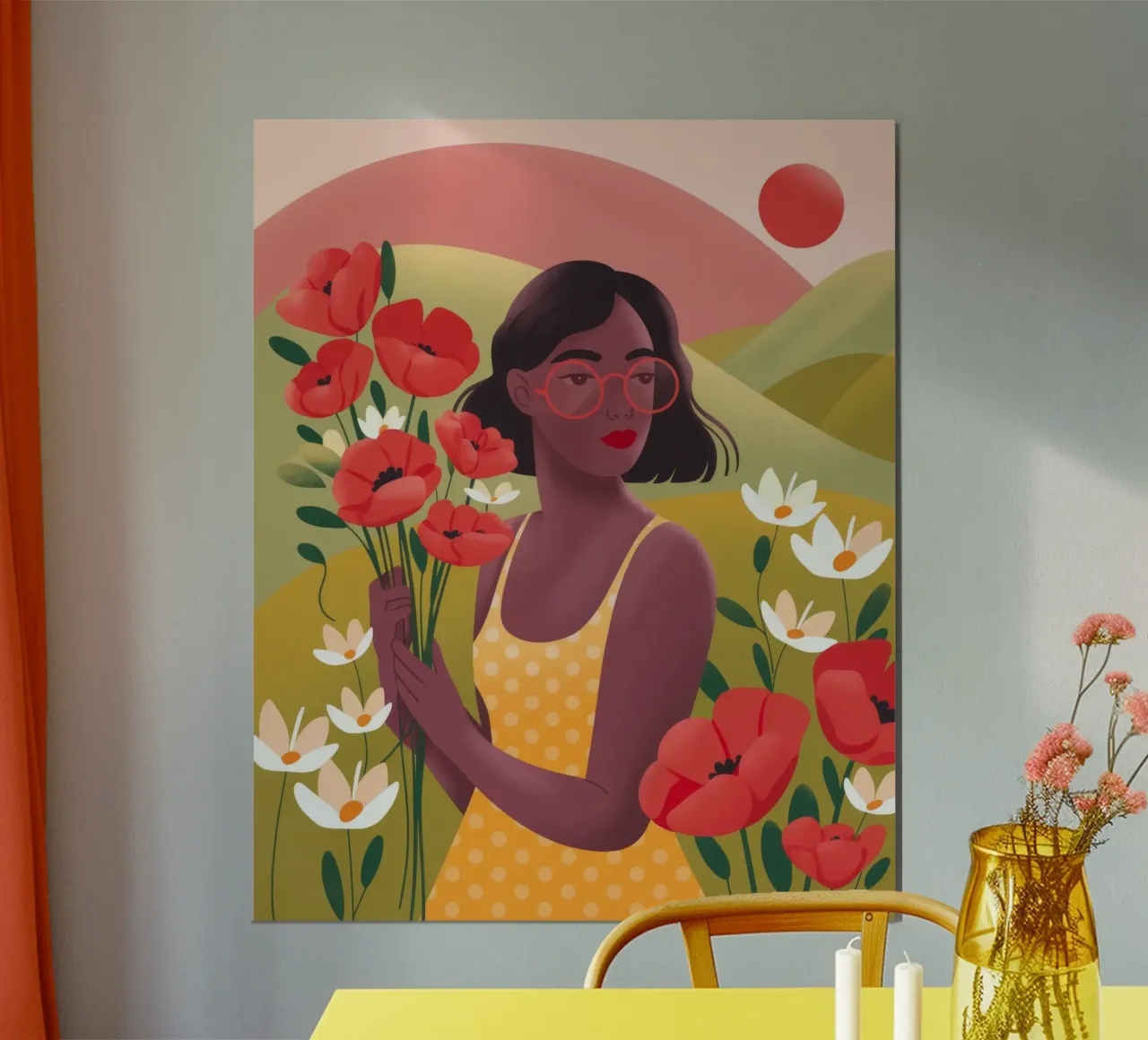 Sereno campo di papaveri poster con telaio in legno da Atelier Tiga