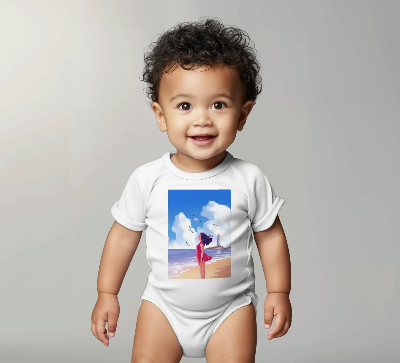 Wandeling langs winderig strand babyrompertje korte mouwen van Atelier Tiga
