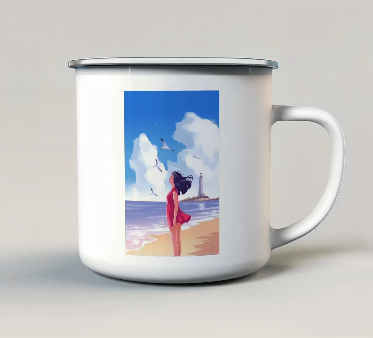Wandeling langs winderig strand emaille mok van Atelier Tiga