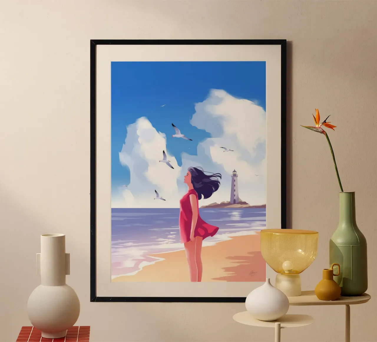 Passeggiata sulla spiaggia battuta dal vento poster con telaio in alluminio da Atelier Tiga
