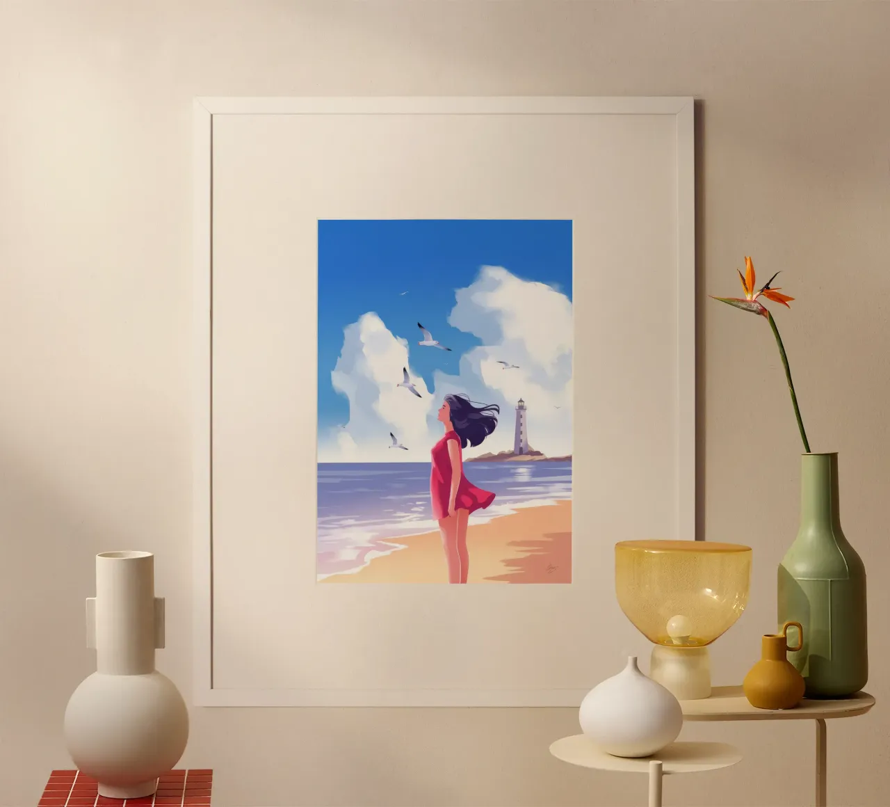 Passeggiata sulla spiaggia battuta dal vento poster con telaio in alluminio da Atelier Tiga