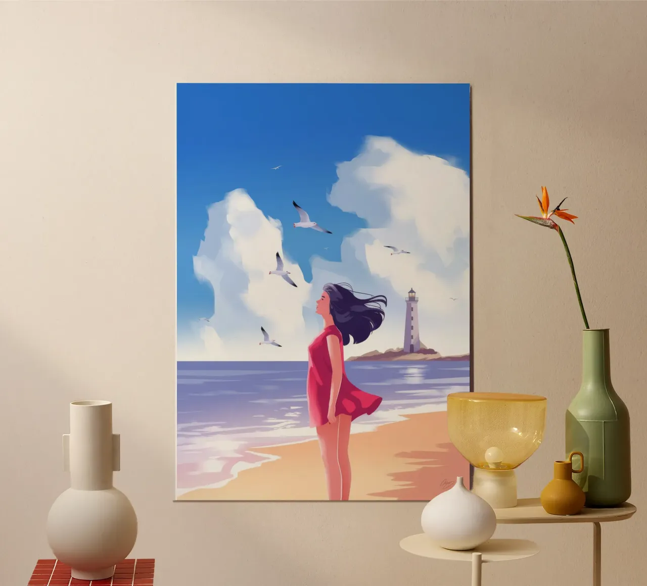 Passeggiata sulla spiaggia battuta dal vento poster con telaio in alluminio da Atelier Tiga