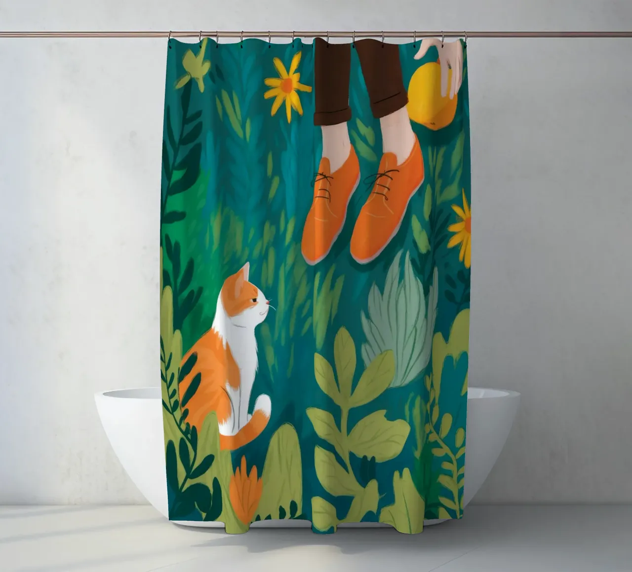 Curious Cat Stroll shower curtain by Atelier Tiga