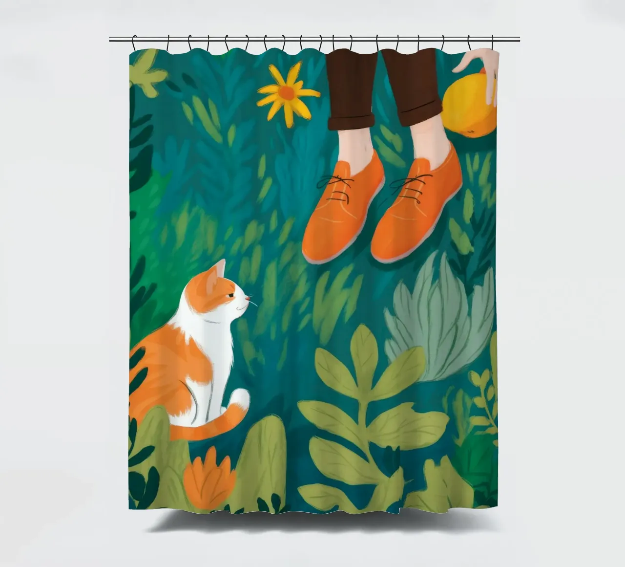 Curious Cat Stroll shower curtain by Atelier Tiga