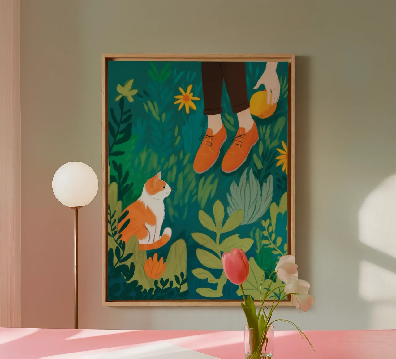 Curious Cat Stroll canvas with Floater frame by Atelier Tiga
