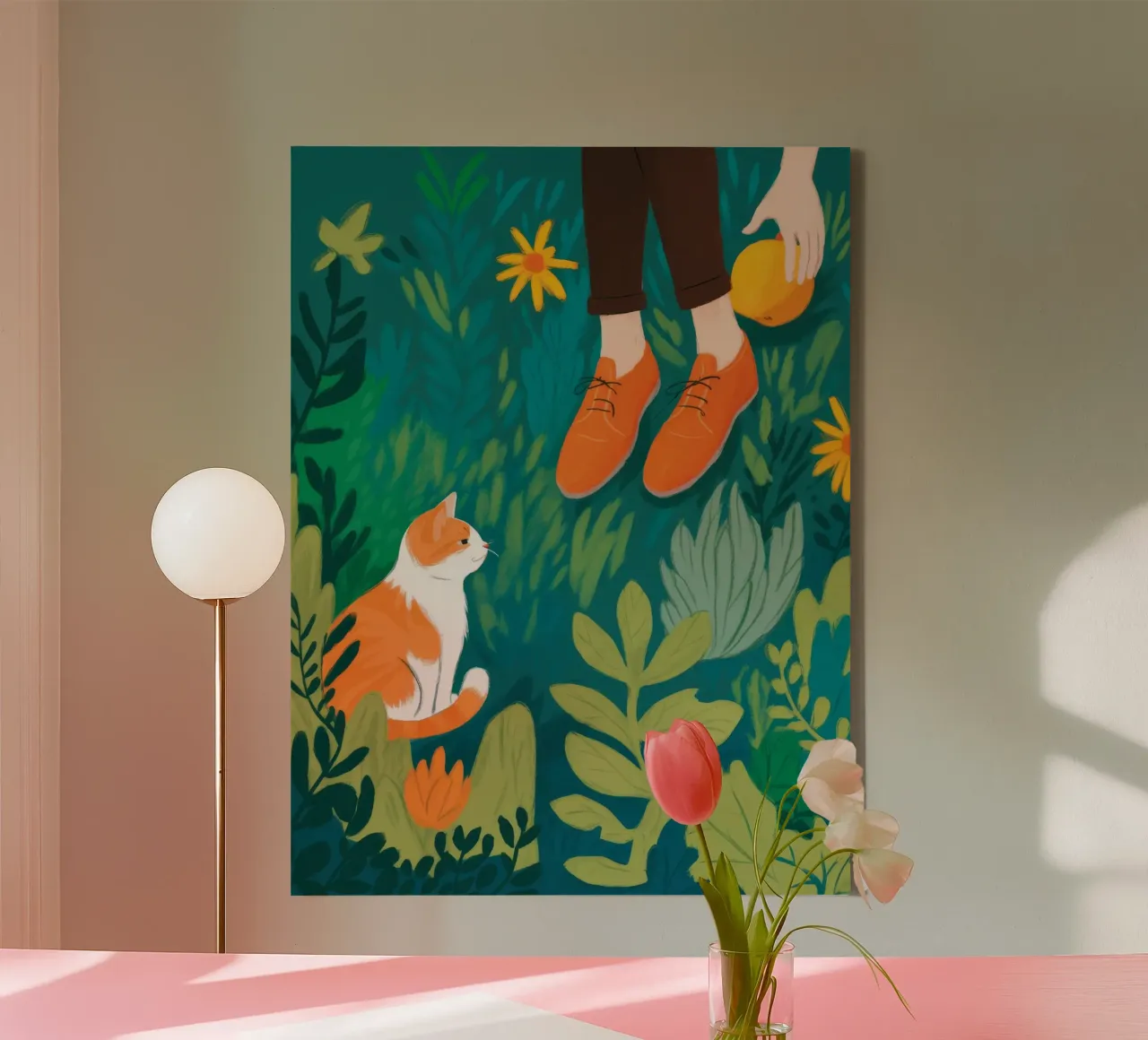 Curious Cat Stroll canvas with Floater frame by Atelier Tiga