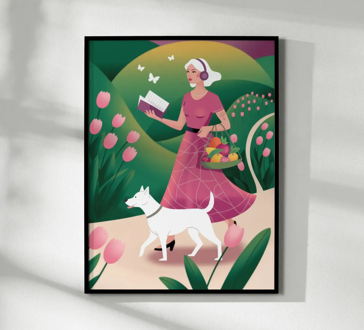 Passeggiata canina gioiosa poster con telaio in plastica da Atelier Tiga