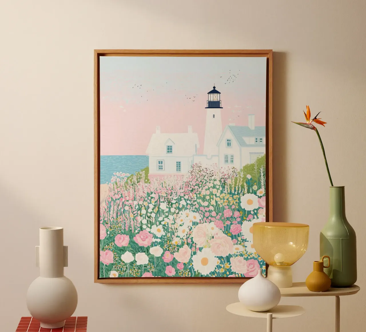 Faro con flores, flores silvestres, arte botánico en pastel lienzo con Marco flotante de Gaia
