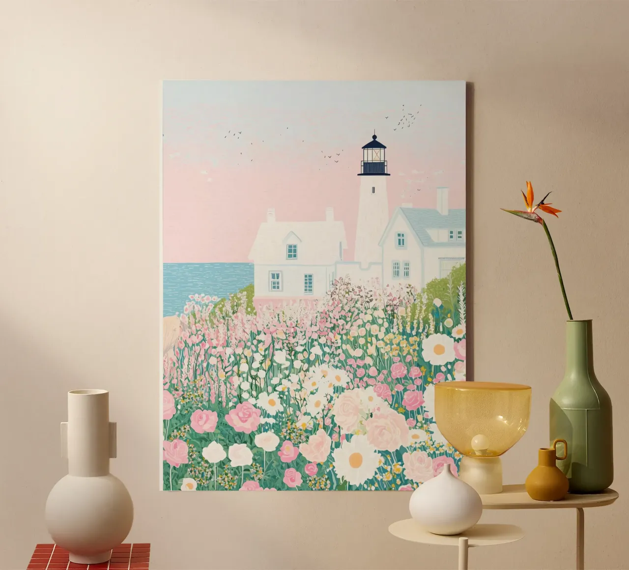 Faro con flores, flores silvestres, arte botánico en pastel lienzo con Marco flotante de Gaia