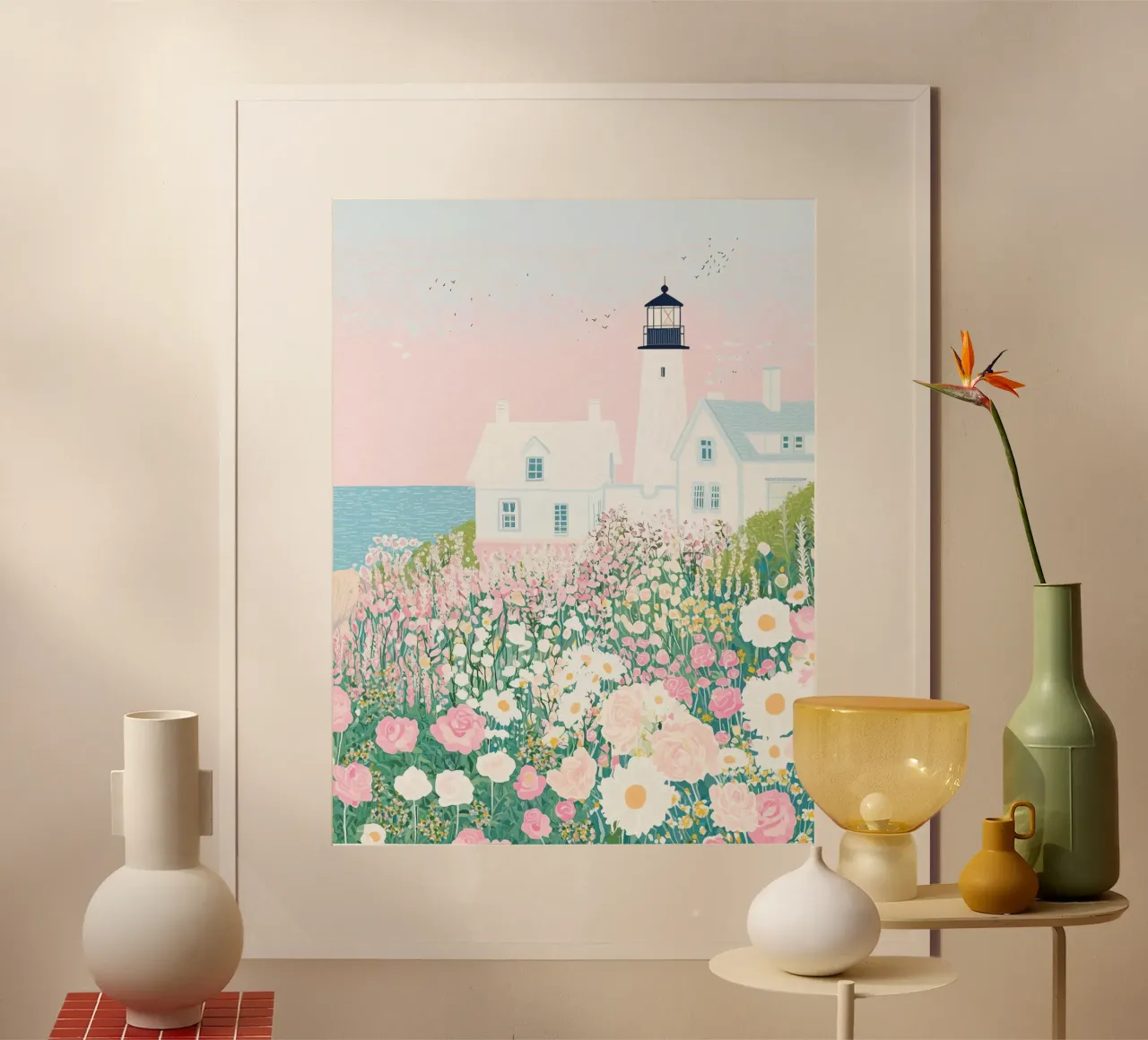 Faro con fiori, fiori selvatici, arte botanica a pastello poster con telaio in plastica da Gaia