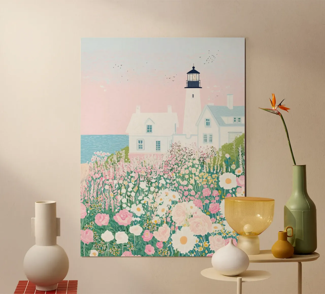 Faro con fiori, fiori selvatici, arte botanica a pastello poster con telaio in plastica da Gaia