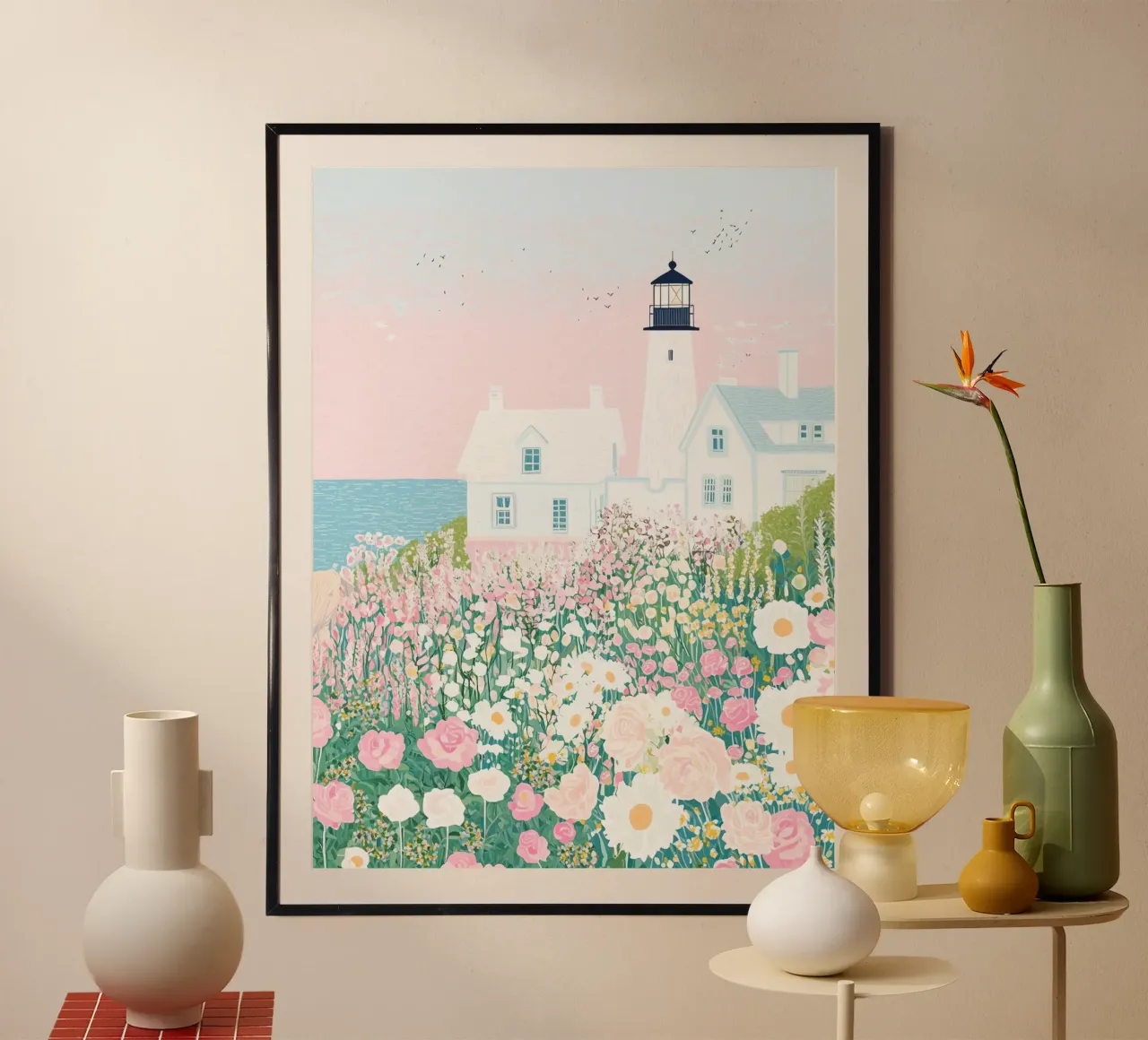 Faro con fiori, fiori selvatici, arte botanica a pastello poster con telaio in plastica da Gaia