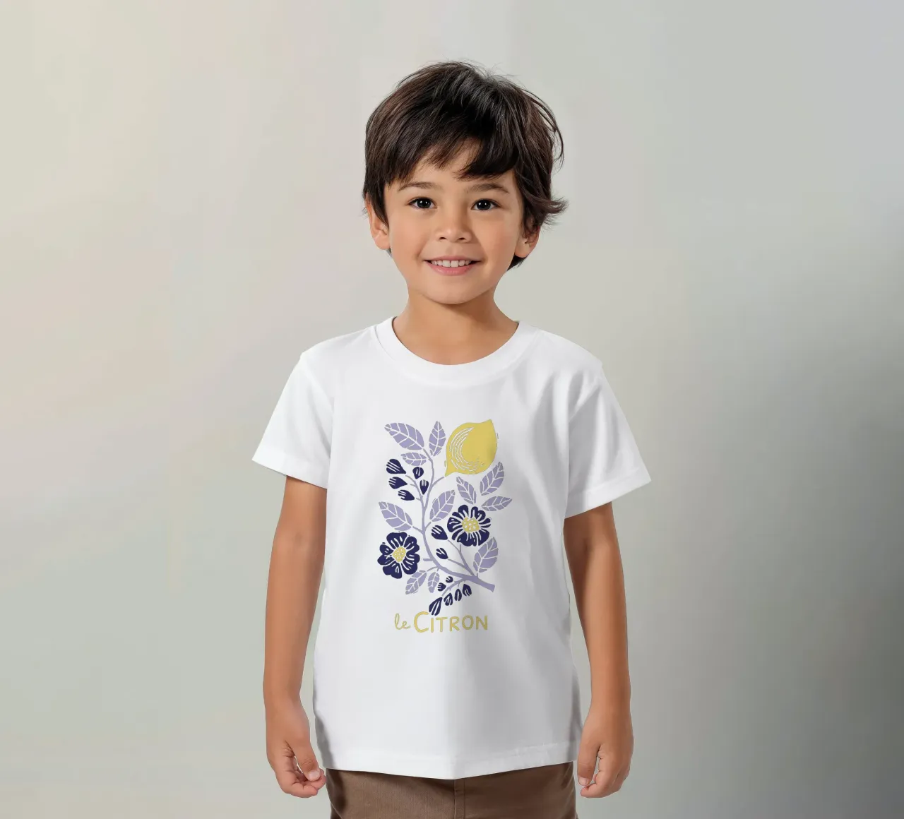 Le Citron – Lemon & Floral Botanical Print in Lavender kids t-shirt by showmemars