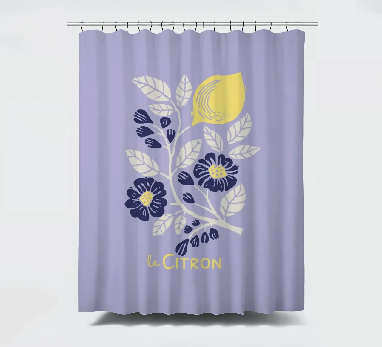 Le Citron - Botanischer Zitronen- und Blumendruck in Lavendel Duschvorhang von showmemars