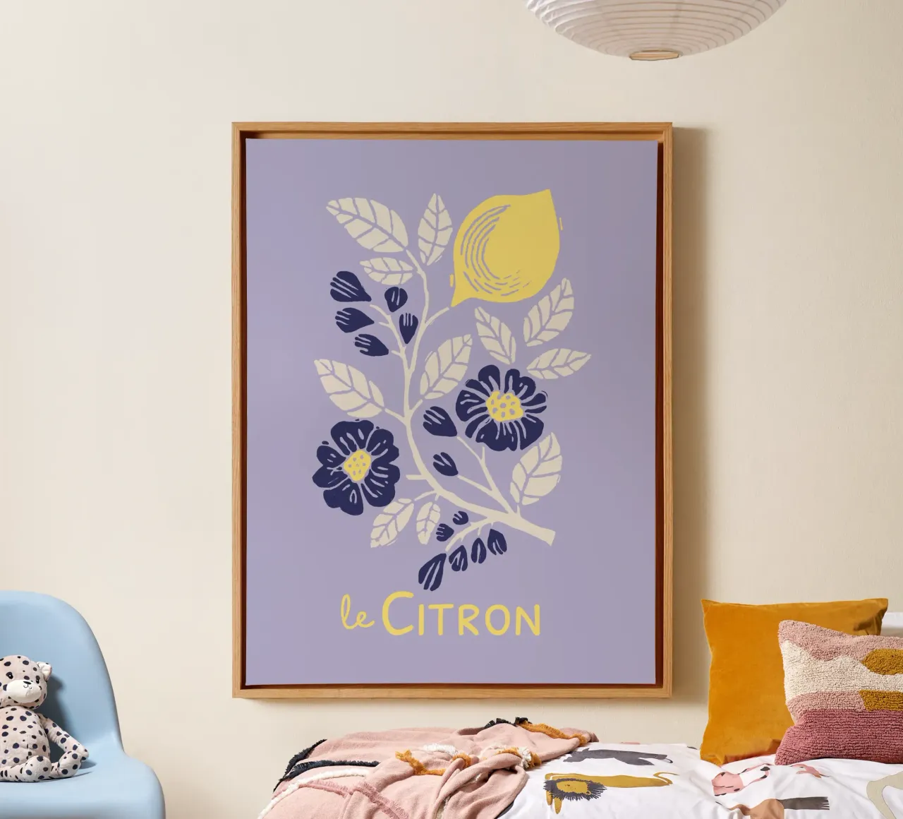 Le Citron – Lemon & Floral Botanical Print in Lavender canvas with Floater frame by showmemars