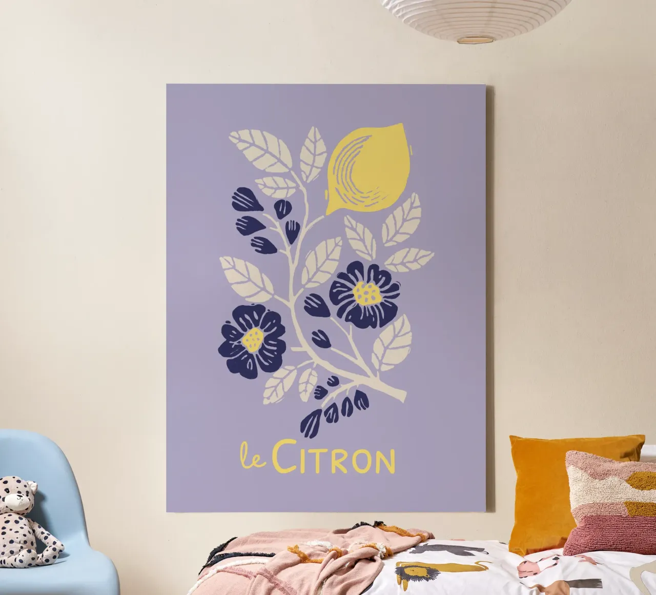 Le Citron – Lemon & Floral Botanical Print in Lavender canvas with Floater frame by showmemars