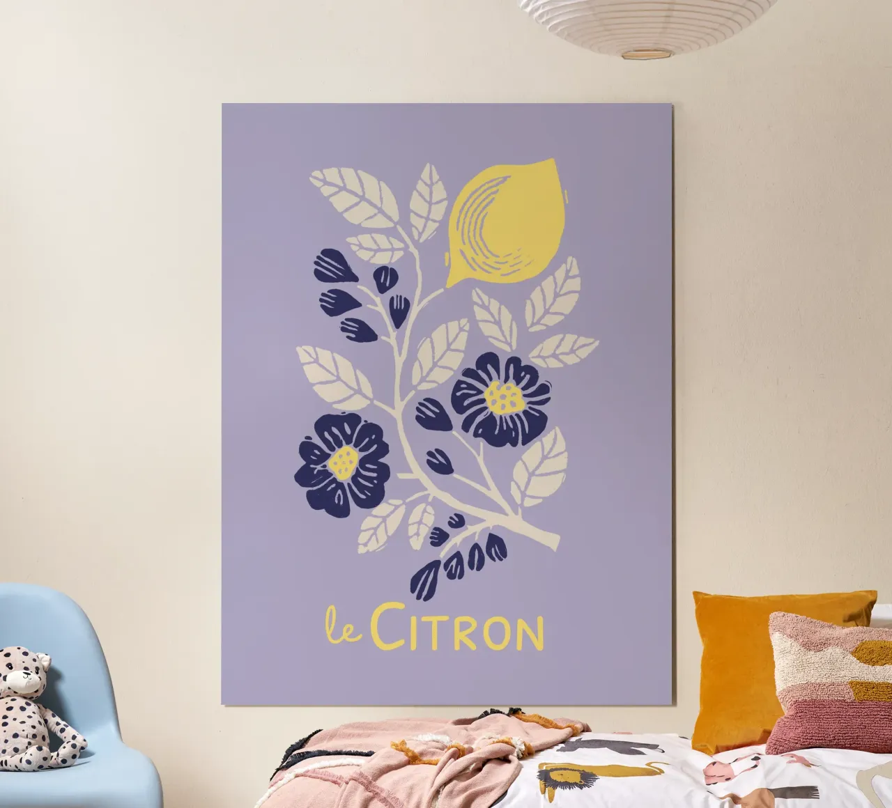 Le Citron - Botanischer Zitronen- und Blumendruck in Lavendel Hahnemühle von showmemars