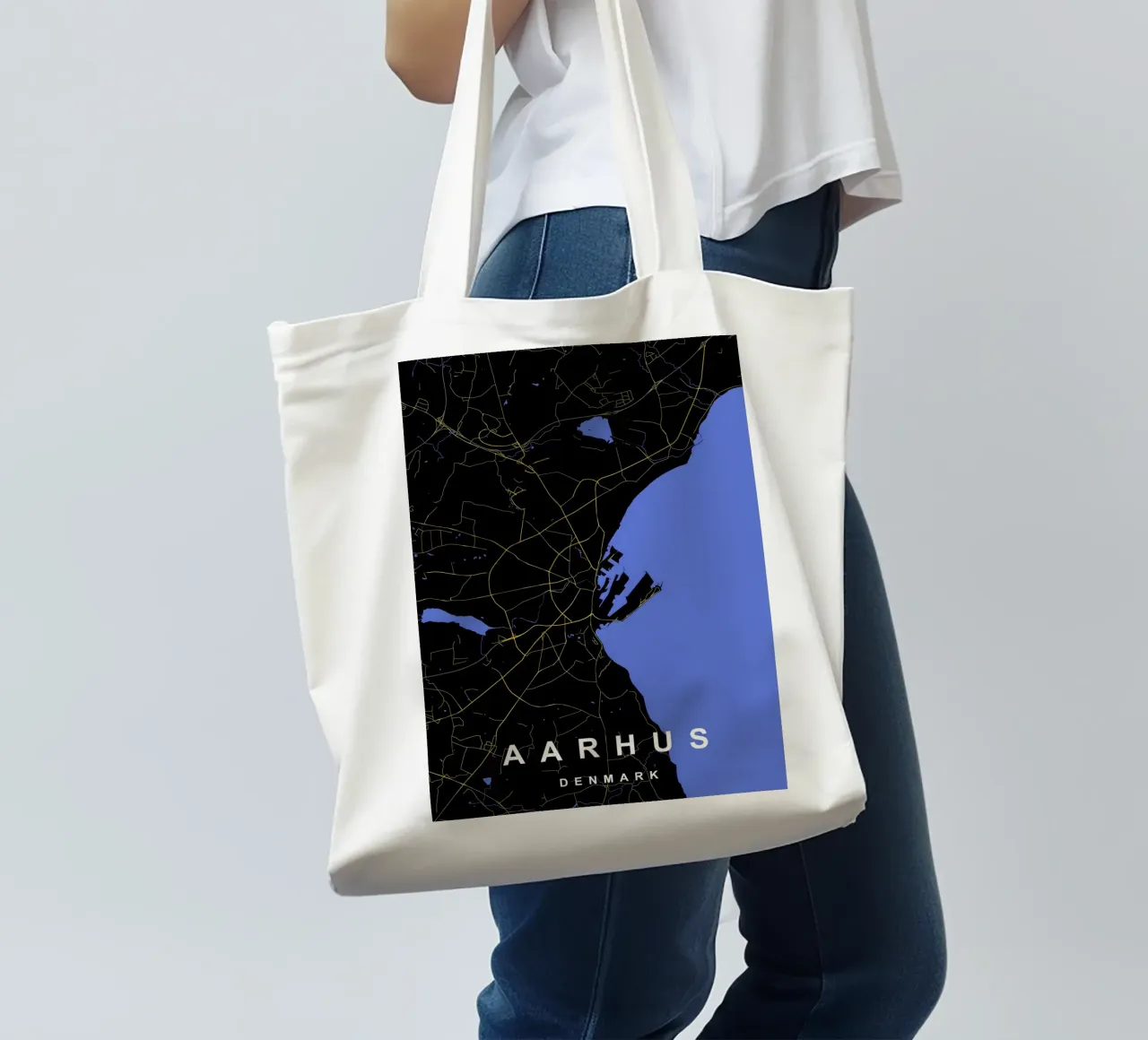 Mappa della città di Aarhus Danimarca Nero e oro borsa in juta da Cartographers Library