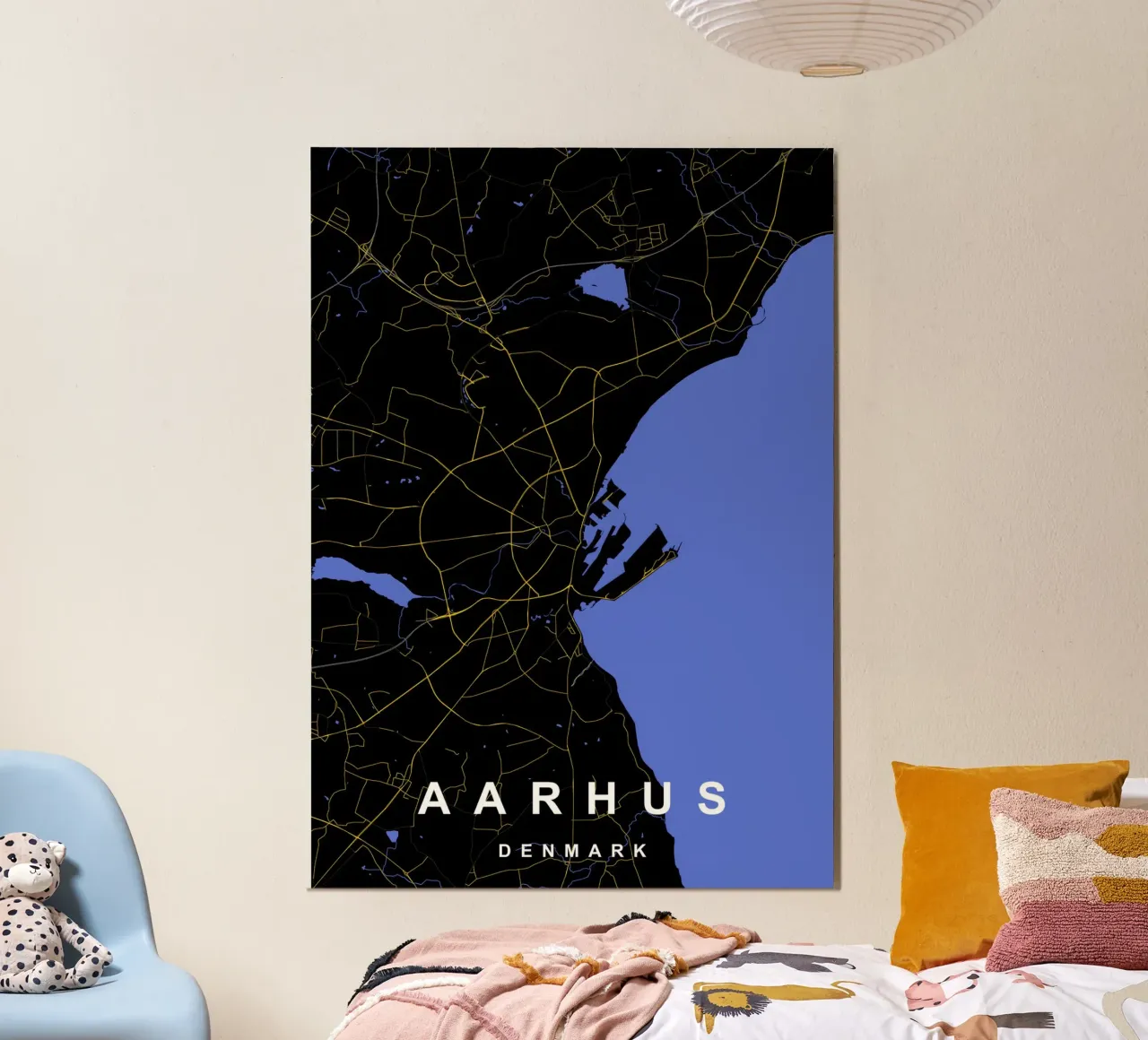 Mappa della città di Aarhus Danimarca Nero e oro alluminio dibond da Cartographers Library