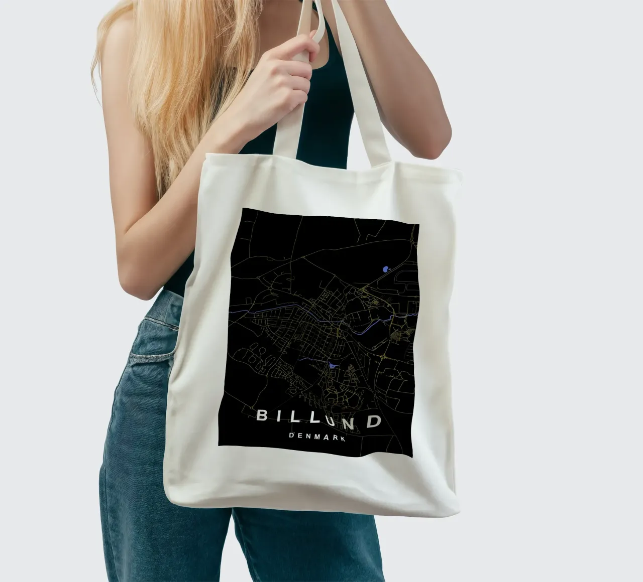 Billund Danimarca - Mappa della città in nero e oro borsa in juta da Cartographers Library