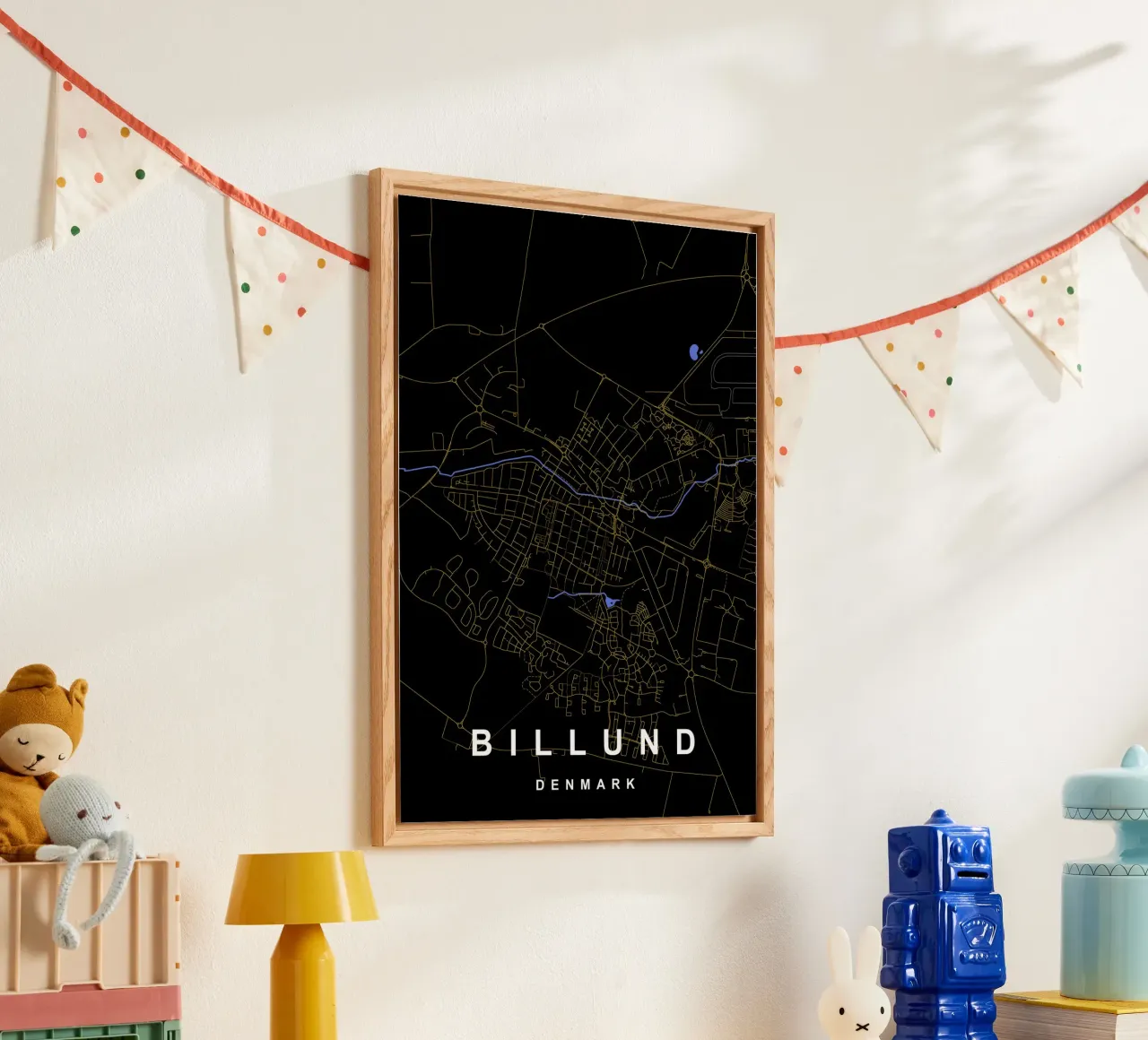 Billund Danimarca - Mappa della città in nero e oro plexiglass da Cartographers Library