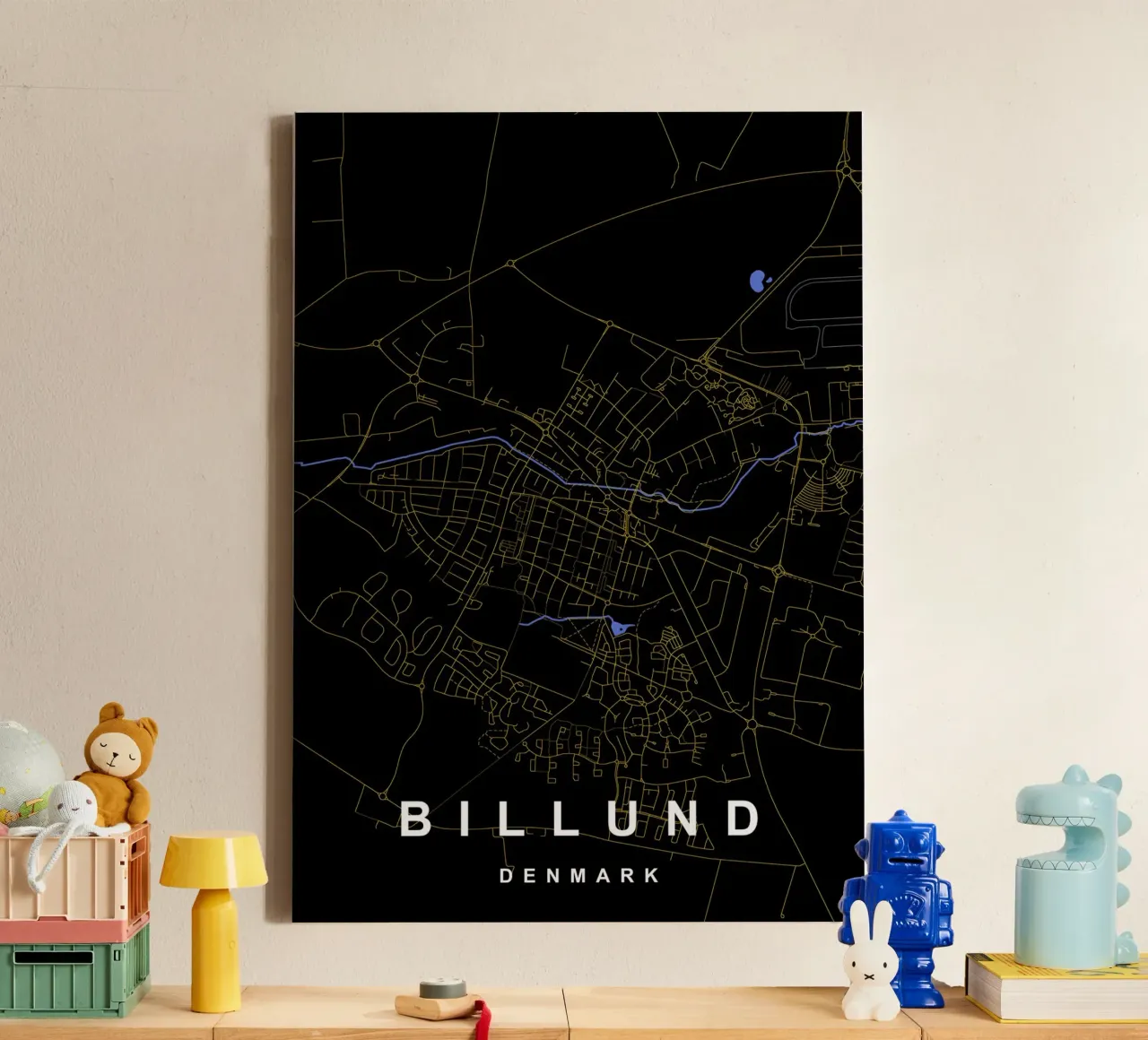 Billund Danimarca - Mappa della città in nero e oro tela da Cartographers Library