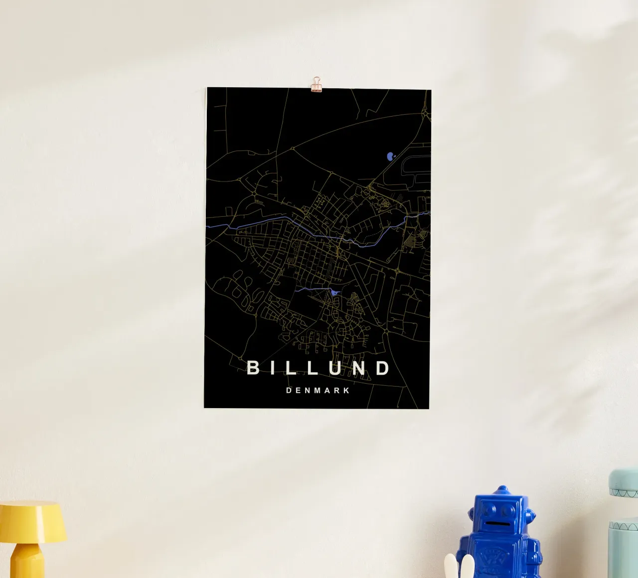 Billund Danimarca - Mappa della città in nero e oro carta hahnemühle da Cartographers Library
