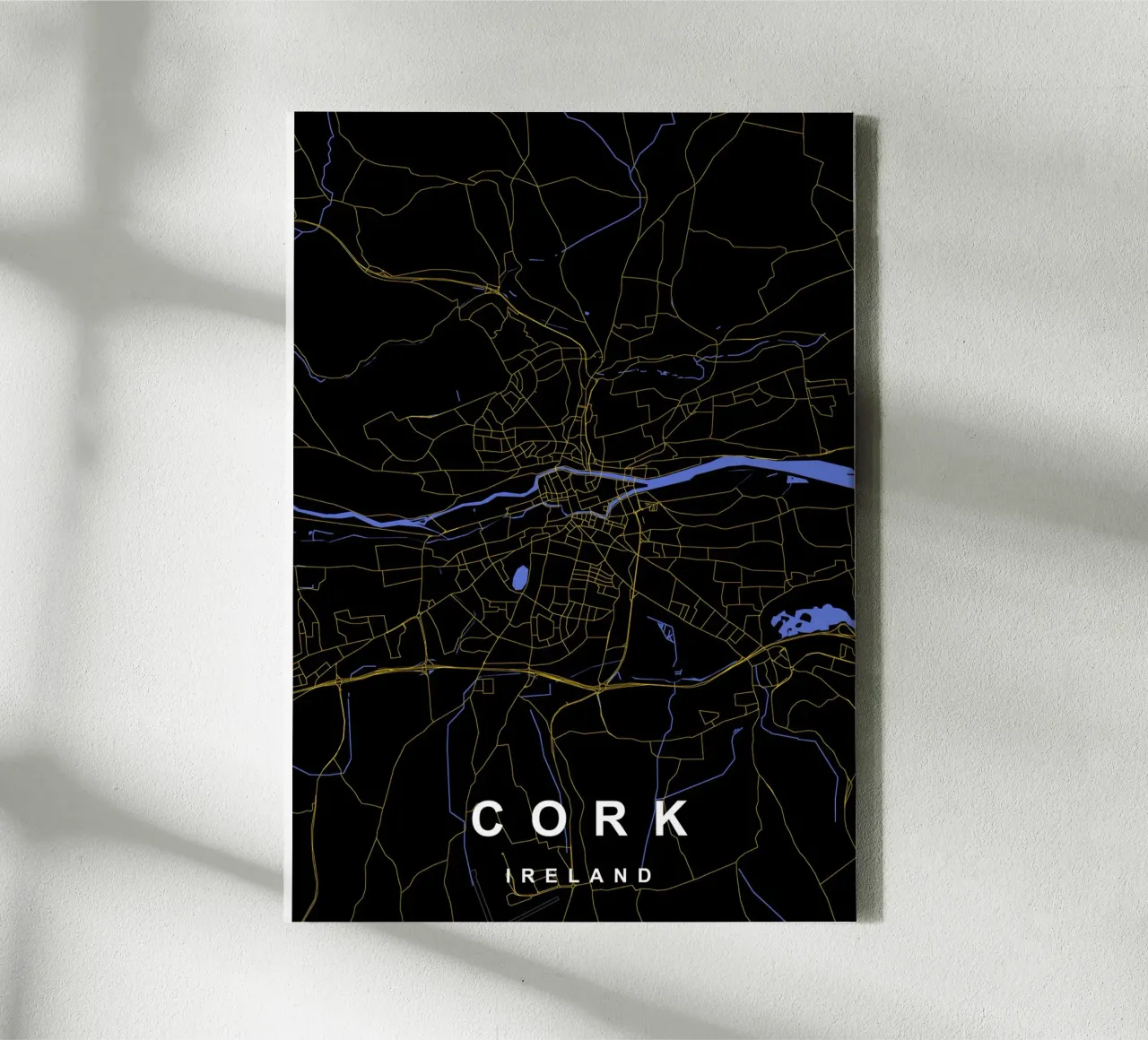 Cork Ierland Kaart Zwart-Goud canvas met Baklijst van Cartographers Library