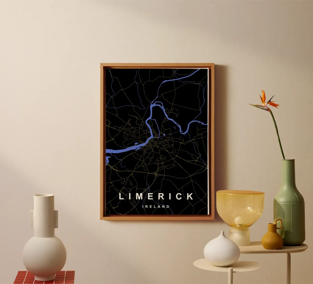 Limerick Irlanda - Mappa della città in nero e oro tela con Cornice a cassetta da Cartographers Library