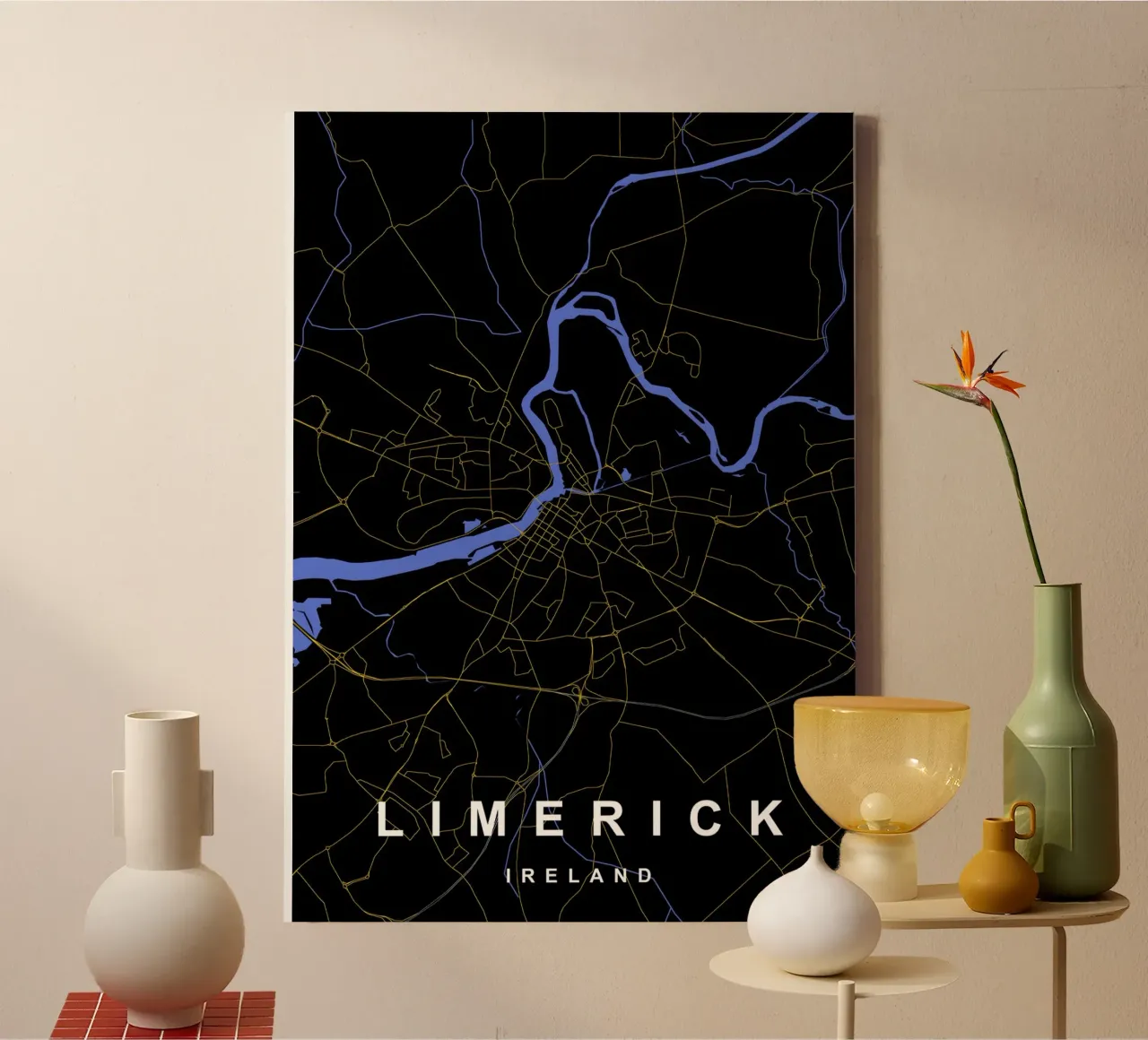 Limerick Irlanda - Mappa della città in nero e oro tela con Cornice a cassetta da Cartographers Library