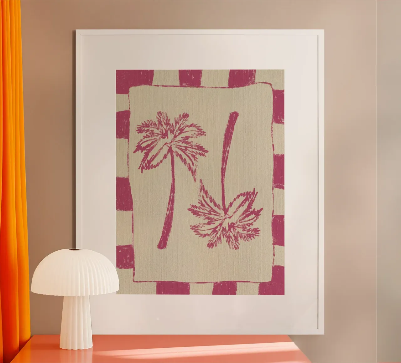 Paradiso delle palme - Rosa poster con telaio in alluminio da Shatha Al Dafai