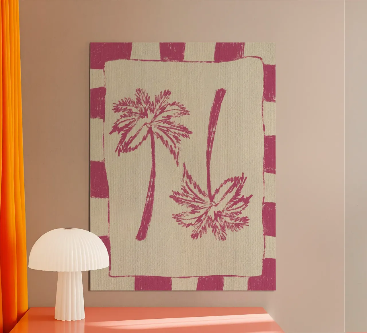 Paradiso delle palme - Rosa poster con telaio in alluminio da Shatha Al Dafai