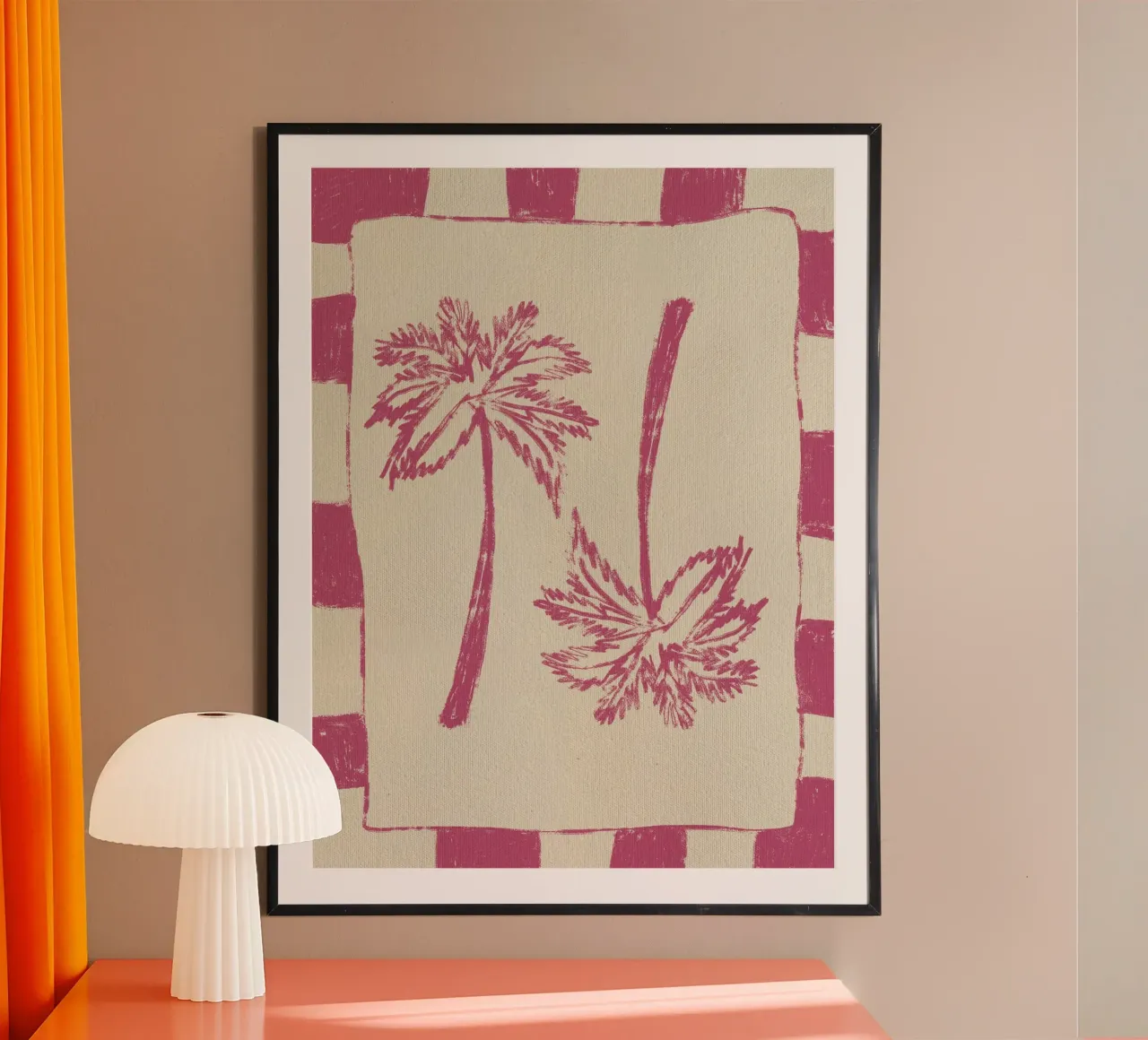 Paradiso delle palme - Rosa poster con telaio in alluminio da Shatha Al Dafai