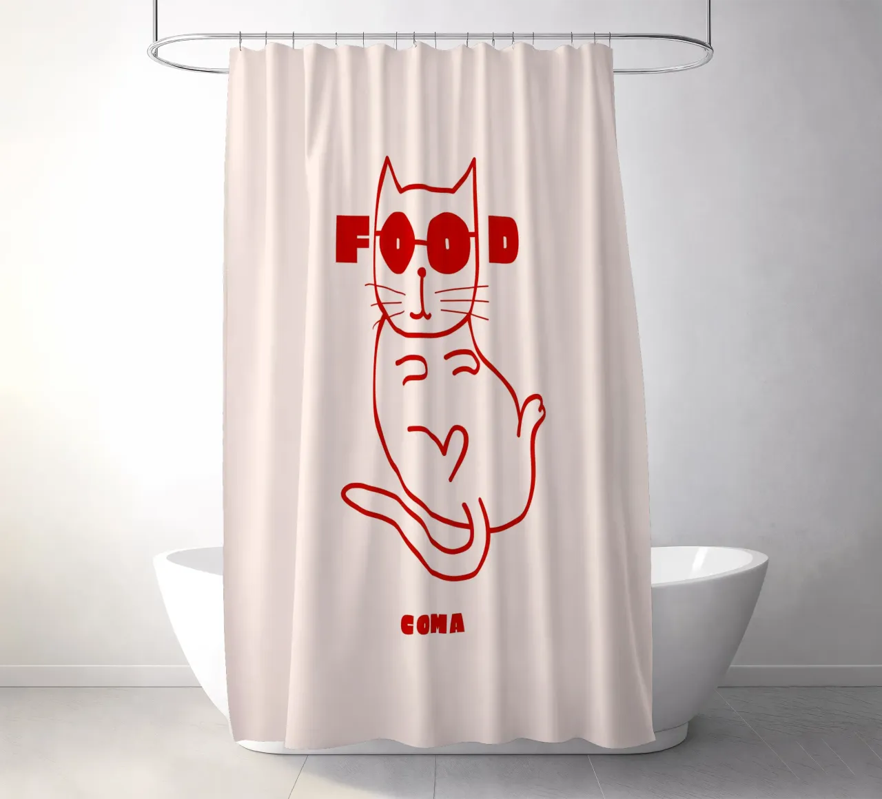 Food Coma Cat shower curtain by Bureau Purpur