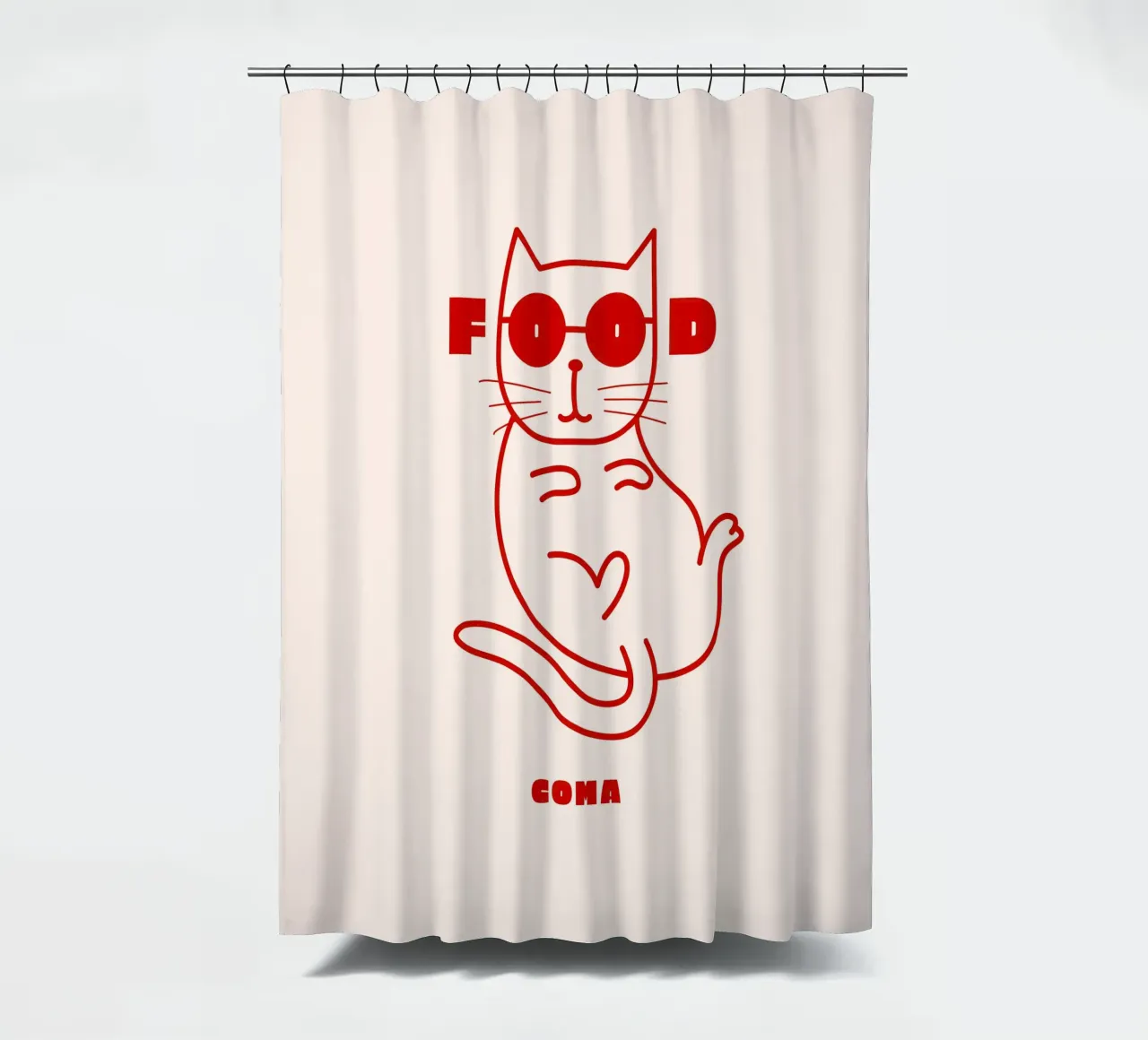 Food Coma Cat shower curtain by Bureau Purpur