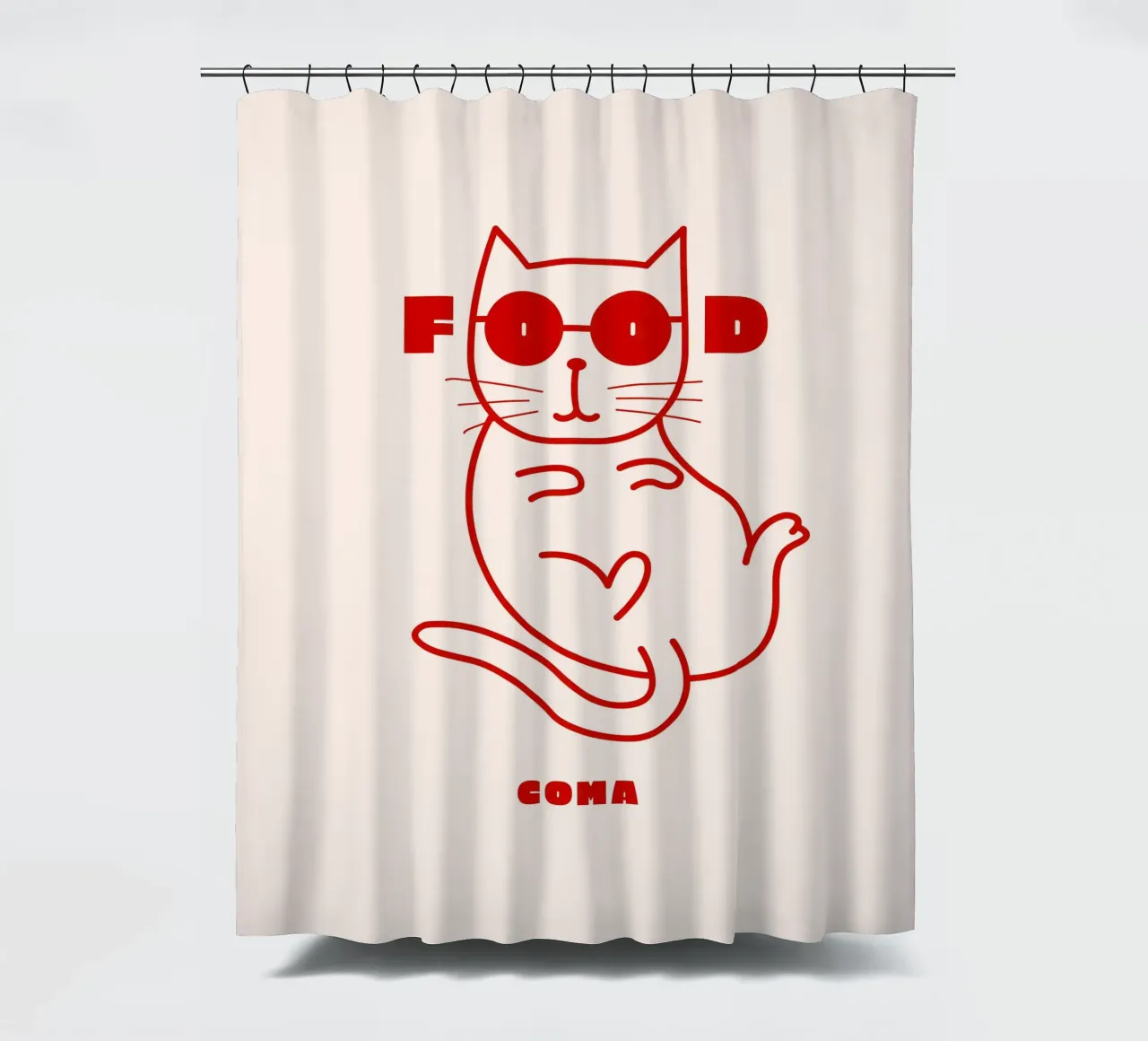 Food Coma Cat shower curtain by Bureau Purpur