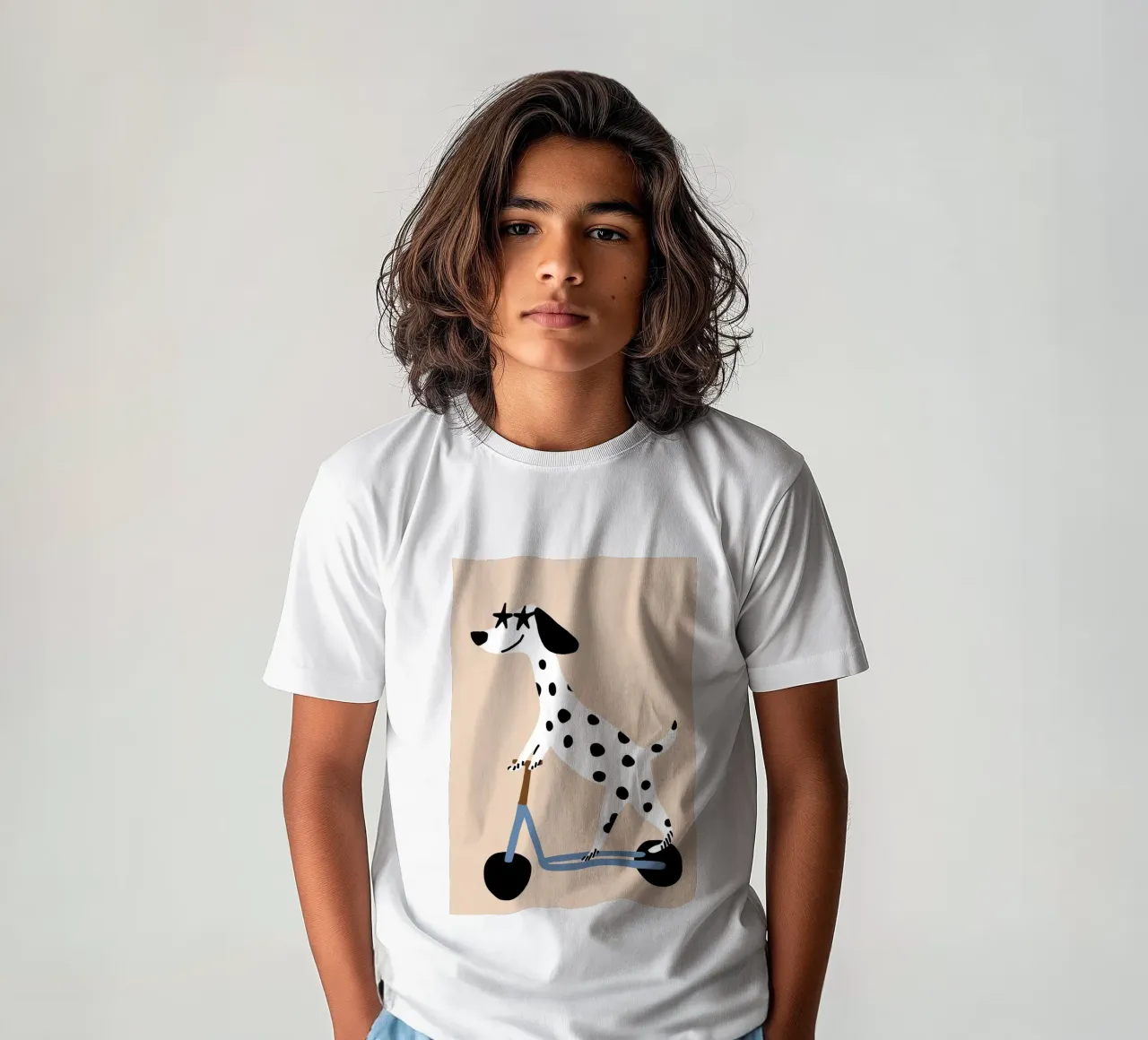Dalmatian on Scooter, Nursery Art, Kids Playroom Art kids t-shirt by Little Lola