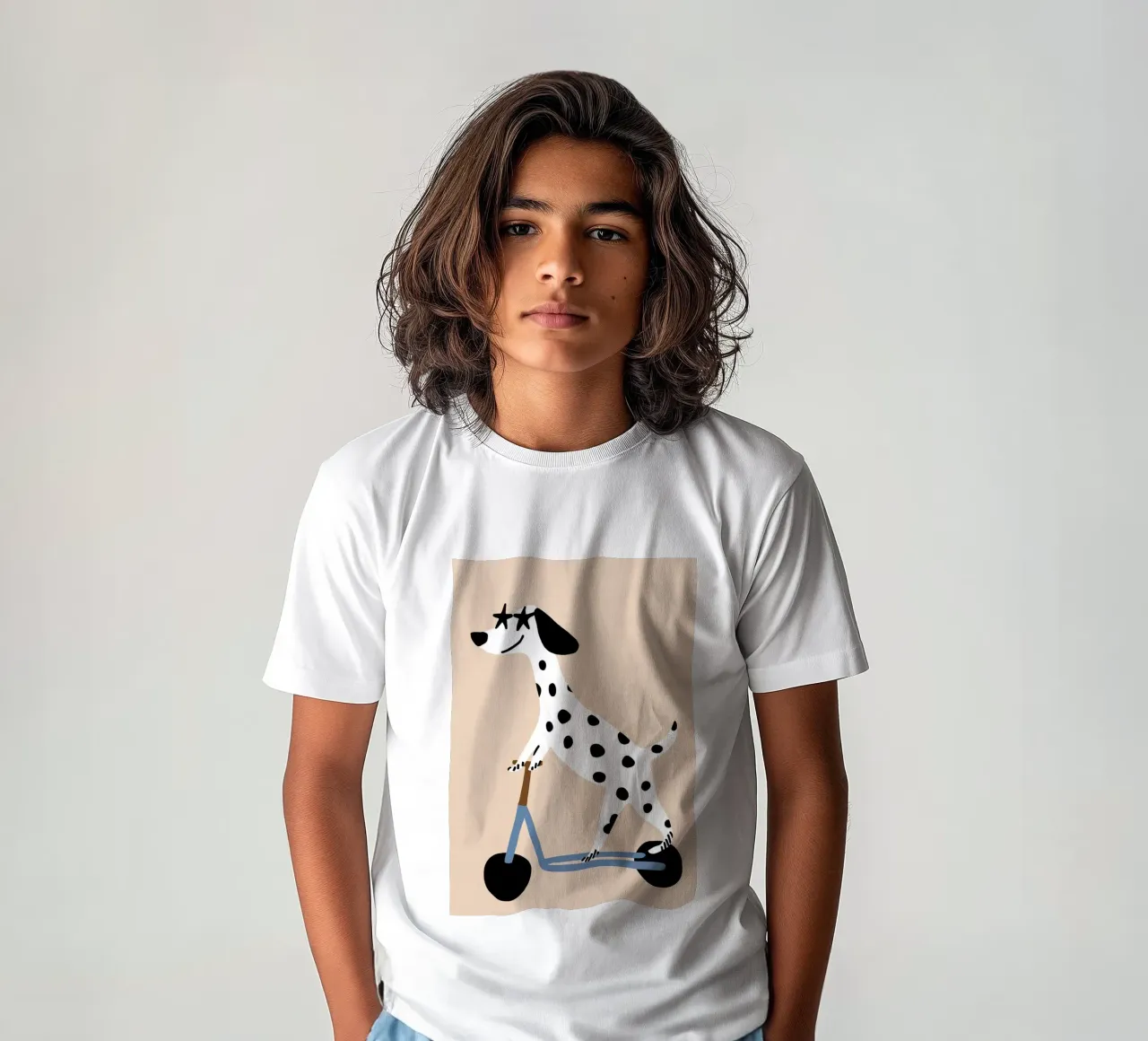 Dalmatian on Scooter, Nursery Art, Kids Playroom Art kids t-shirt by Little Lola
