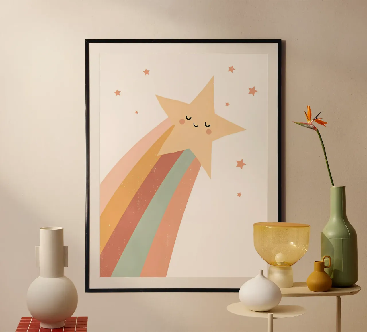 Sternschnuppe, Regenbogen, Kinder Wandkunst Poster mit Holzrahmen von Little Lola