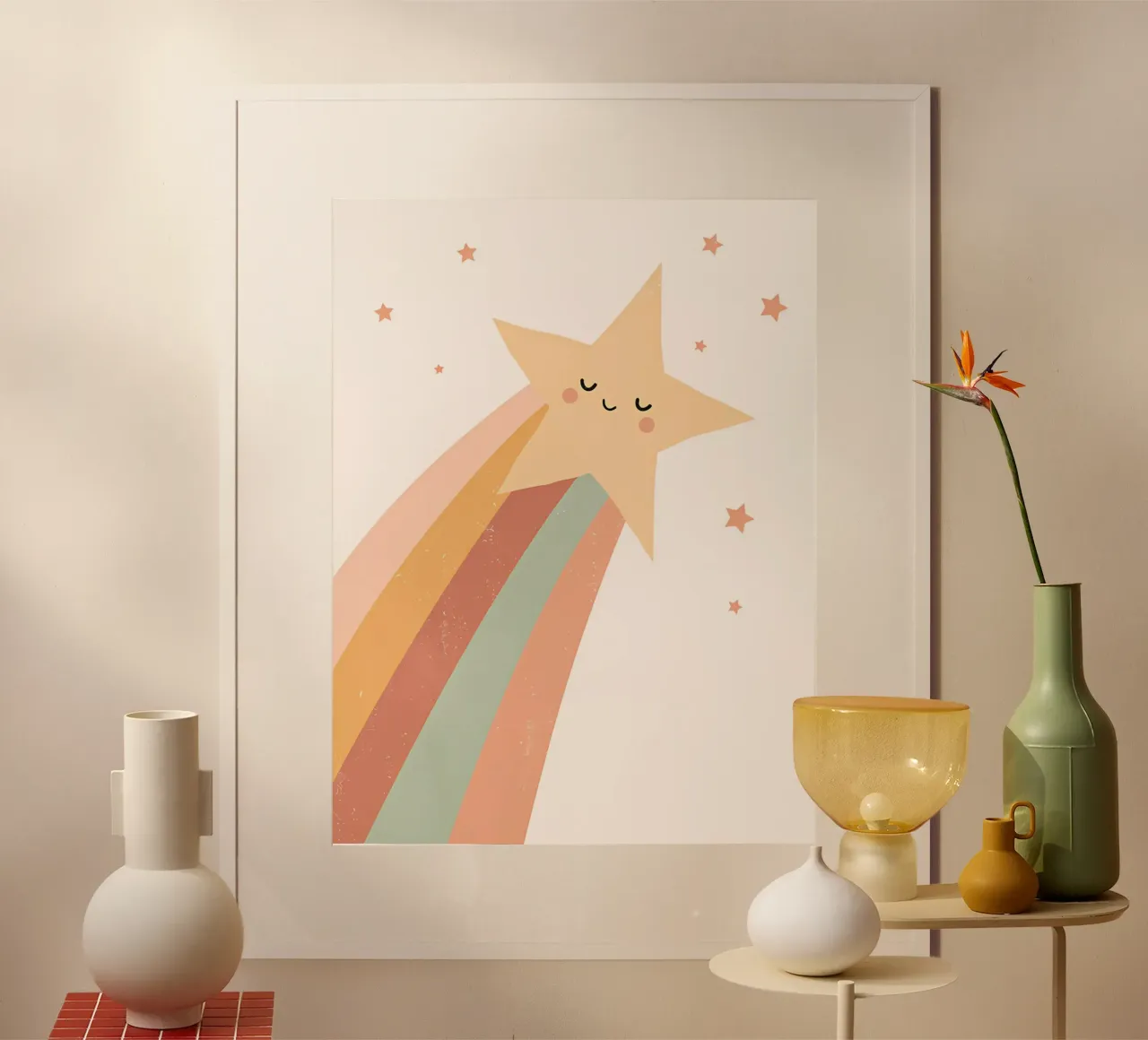 Sternschnuppe, Regenbogen, Kinder Wandkunst Poster mit Holzrahmen von Little Lola