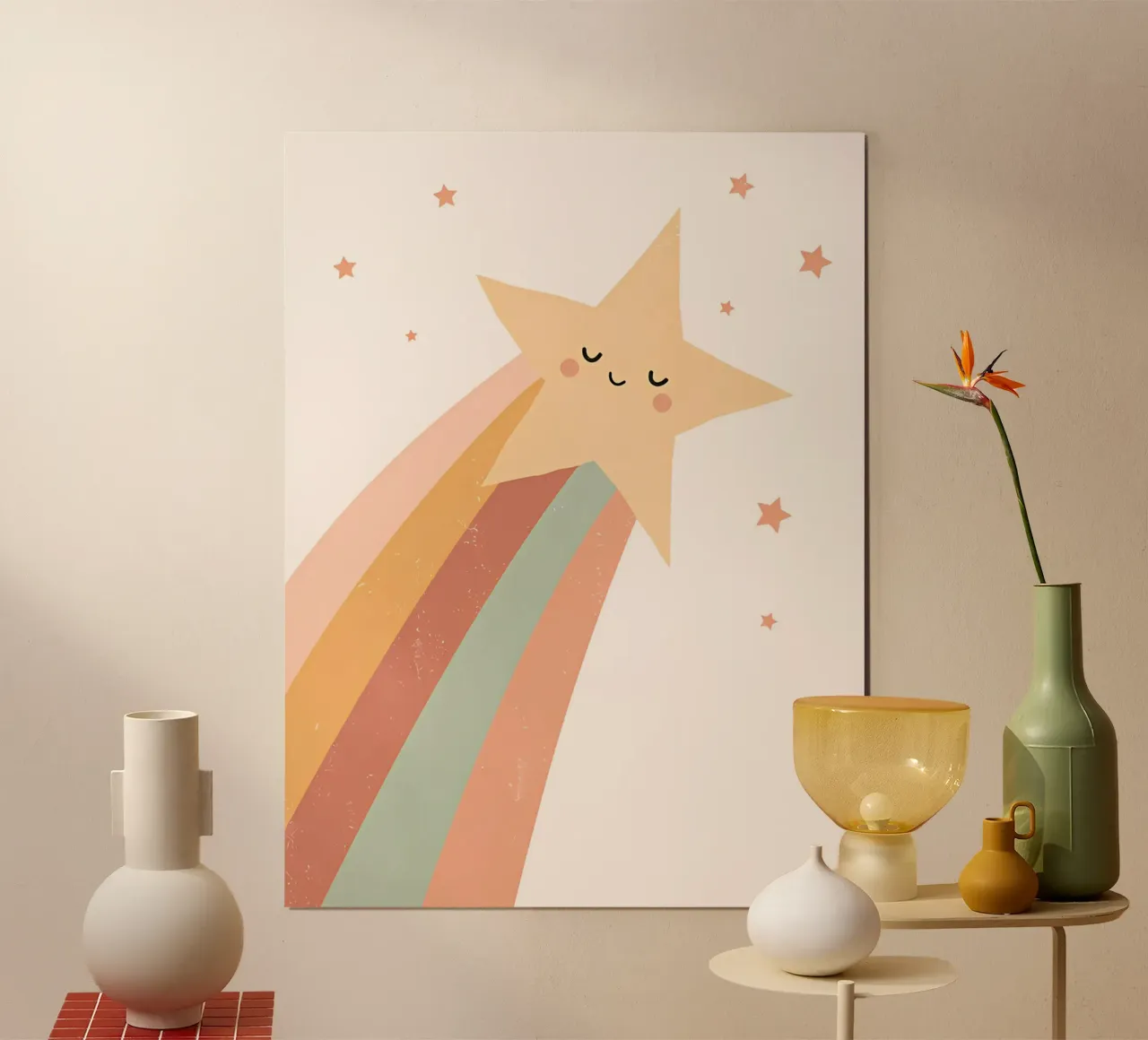 Sternschnuppe, Regenbogen, Kinder Wandkunst Poster mit Holzrahmen von Little Lola