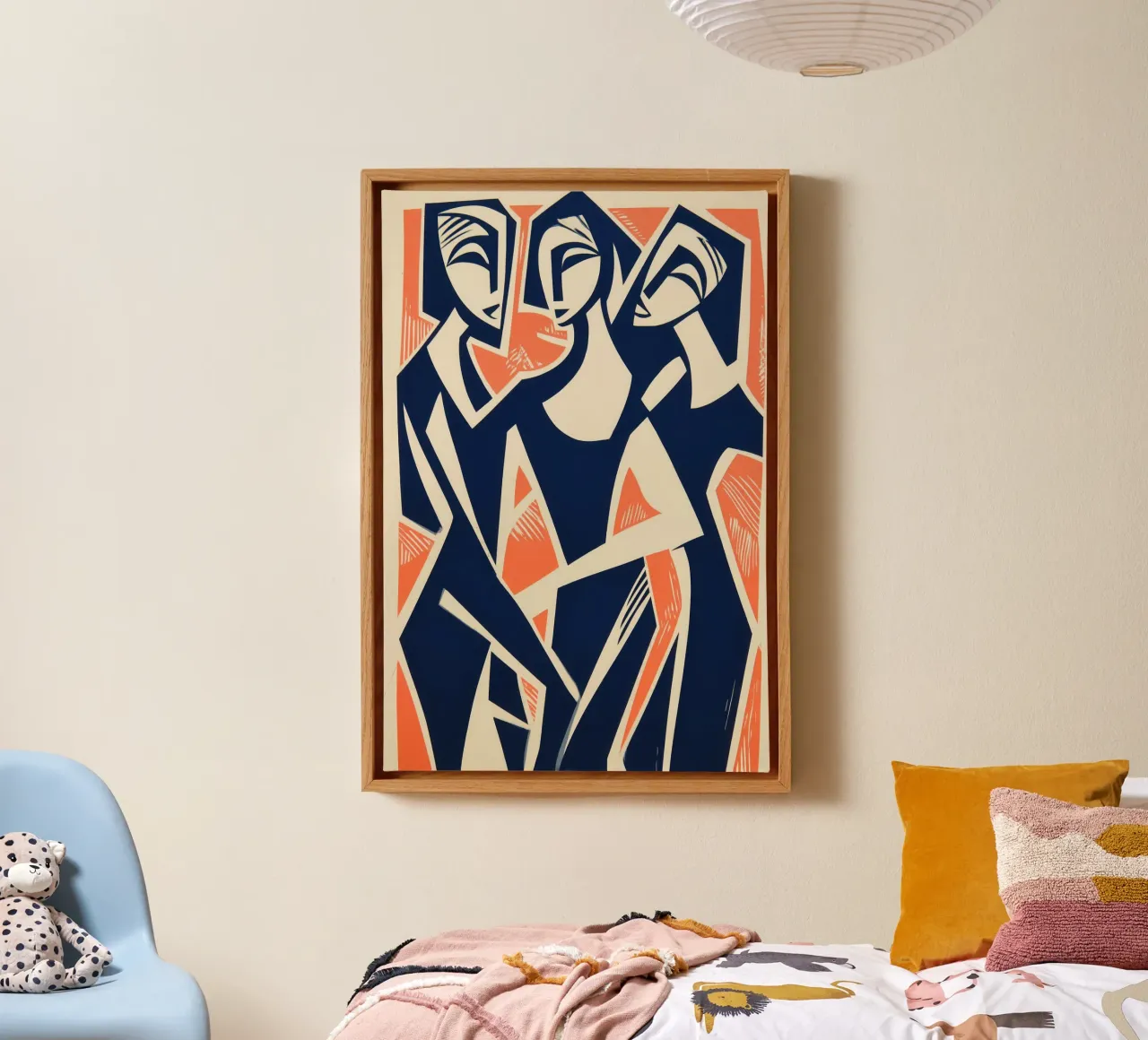 Drie mooie zussen | Expressionistische houtsnede canvas met Baklijst van Autofocus