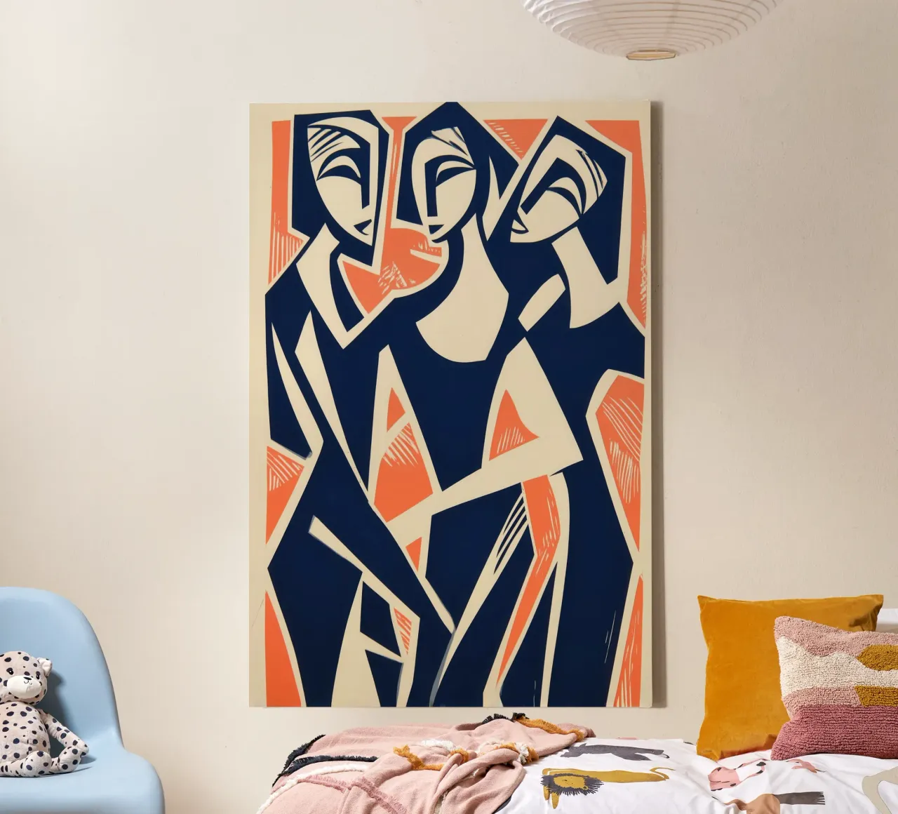 Drie mooie zussen | Expressionistische houtsnede canvas met Baklijst van Autofocus