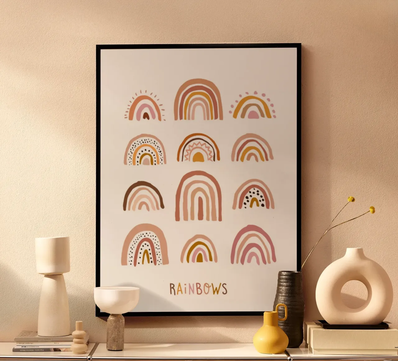 Boho Regenboog Print, Kinderen Muurkunst poster met aluminium frame van Little Lola