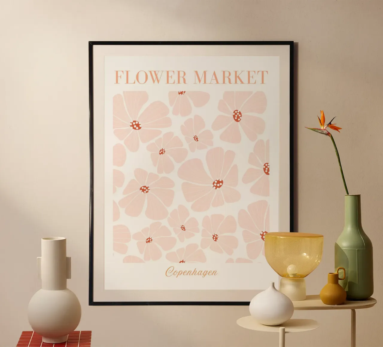 Mercato dei fiori di Copenhagen, stampa a fiori rosa poster con telaio in legno da Boheme