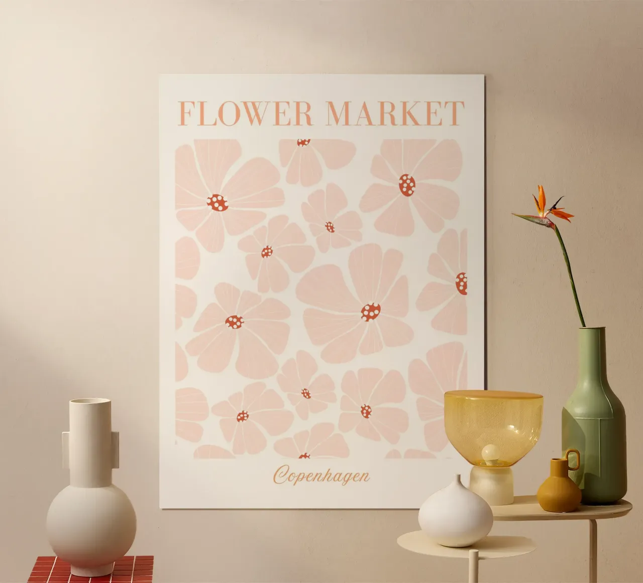 Mercato dei fiori di Copenhagen, stampa a fiori rosa poster con telaio in legno da Boheme