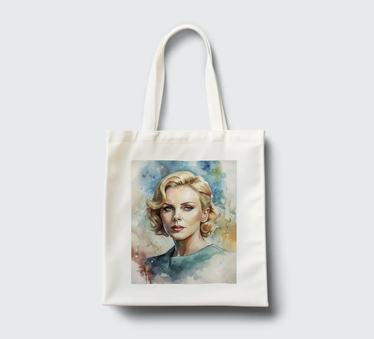 Charlize Theron in aquarel jute draagtas van 🎁 ARTVI-SHOP